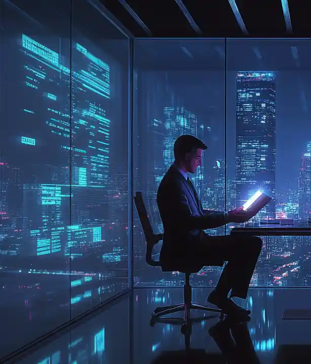 Illustration of a man in a suit reading a glowing tablet in a dark glass-walled office above a neon-lit city at night