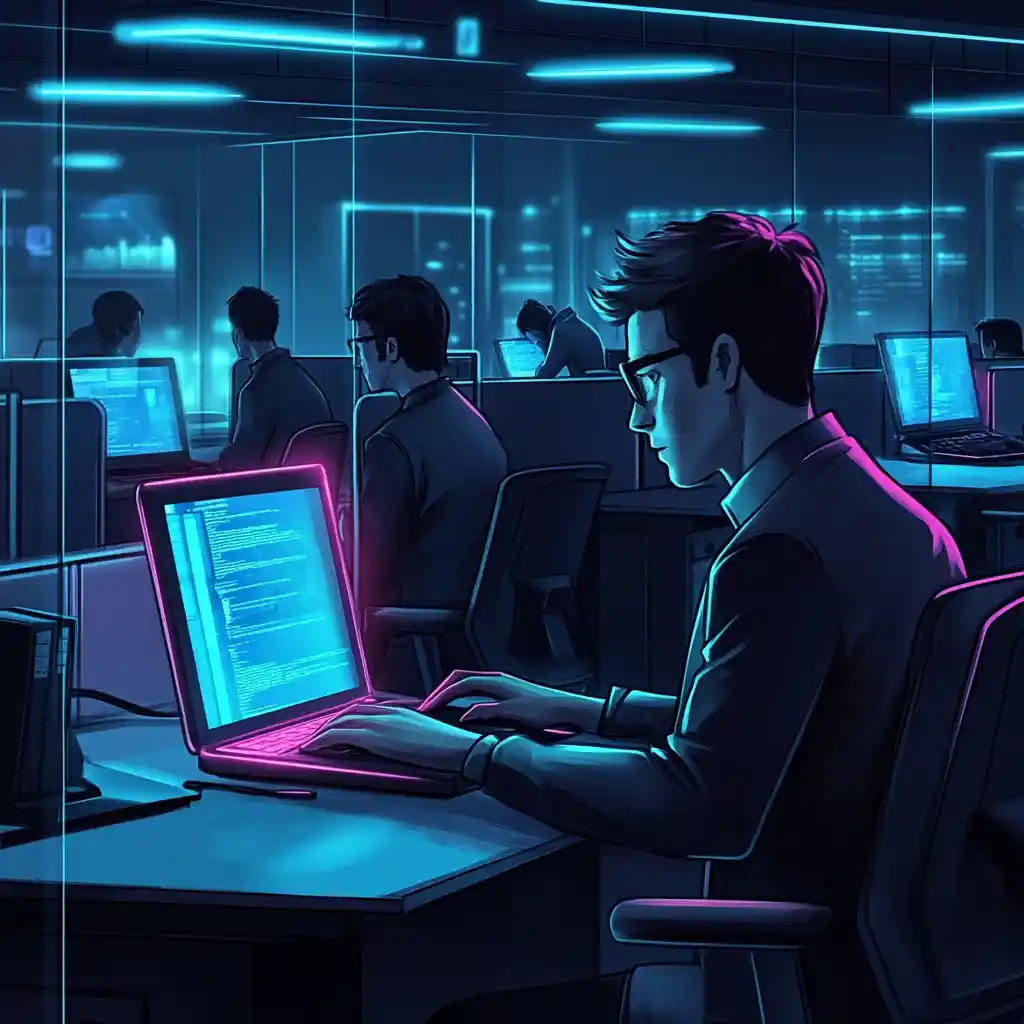Illustration of a man in glasses typing on a glowing laptop in a dark open-plan office, colleagues at screens behind him