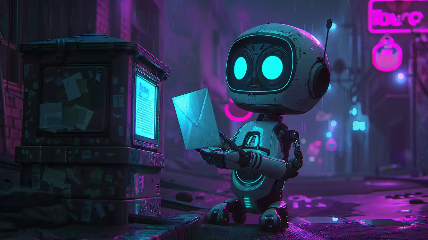 Illustration of a small robot holding an envelope beside a mailbox on a rainy neon-lit street