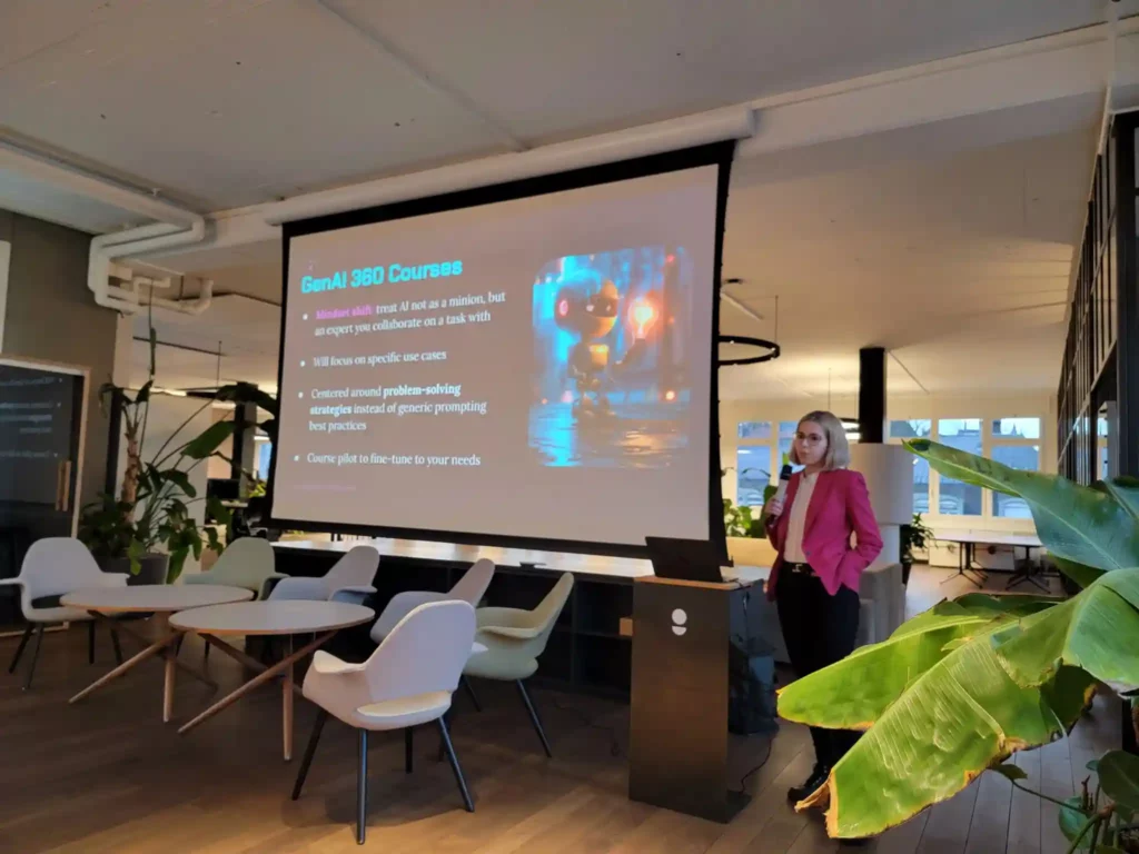 Speaker discussing new initiatives at GenAI 360 networking event in Zurich