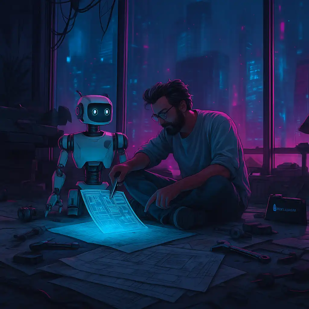 Person looking at blueprints while a friendly robot assists